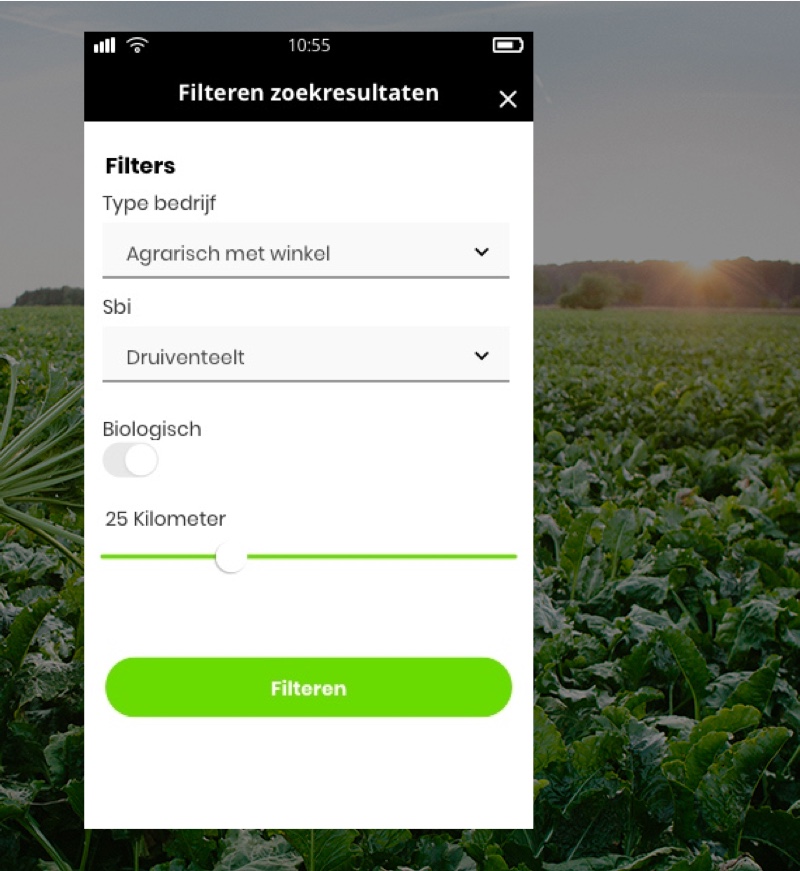 Screenshot uit de mobiele app met daarop de filters waarmee een zoekopdracht verfijnd kan worden.
