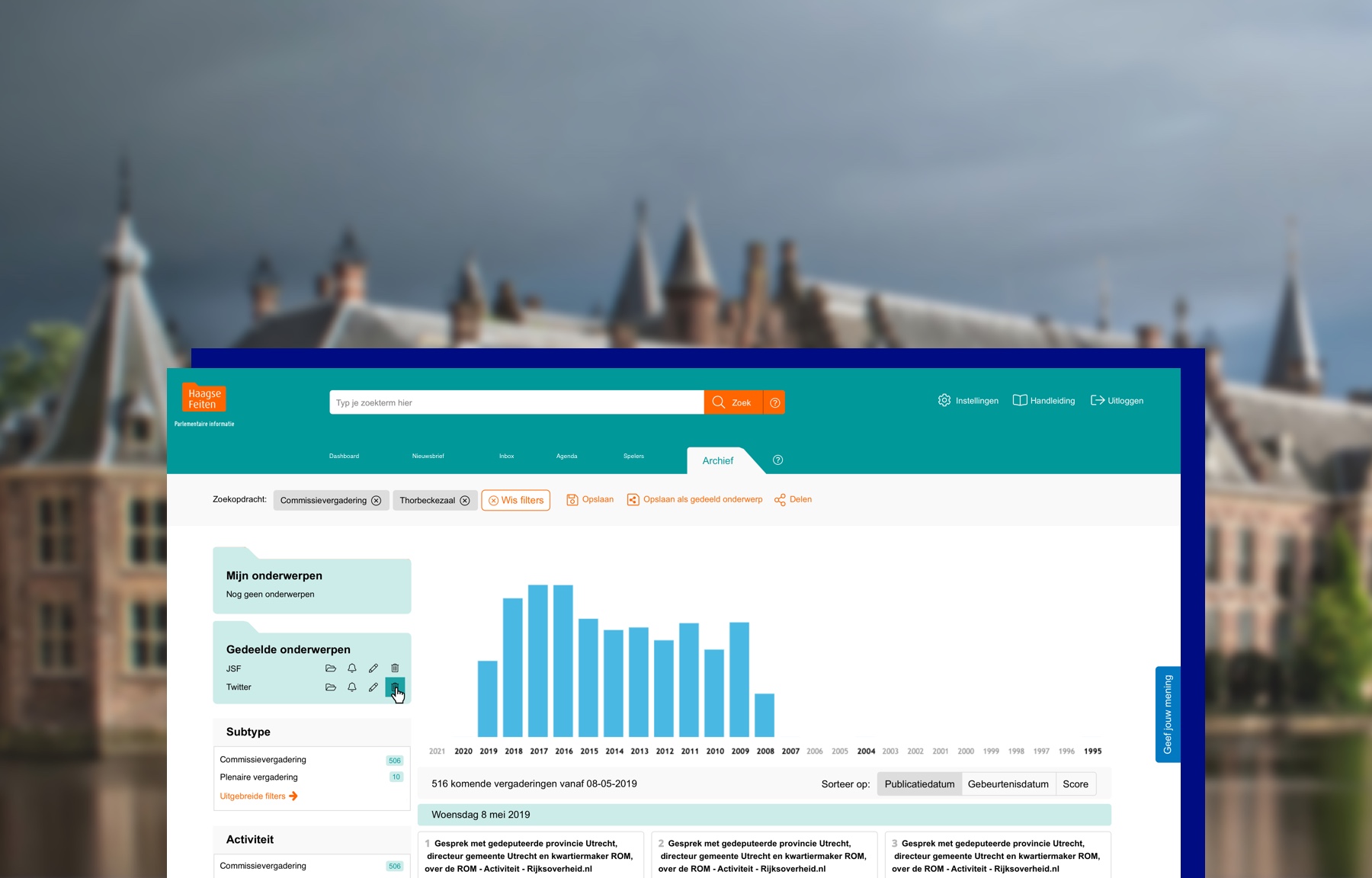 Screenshot van het dashboard van Haagse Feiten