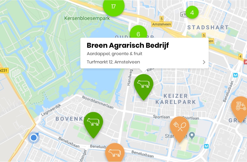 Landkaart met markers en een uitgelicht bedrijf.