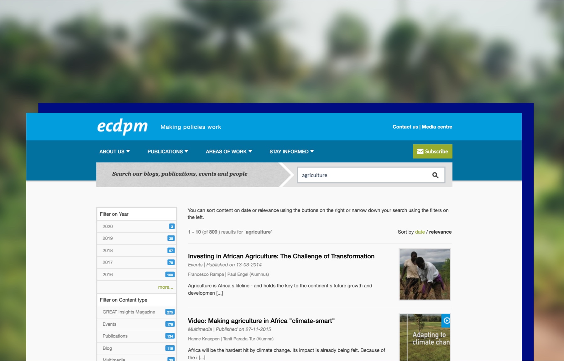 Screenshot van de zoekpagina op de ECDPM website.
