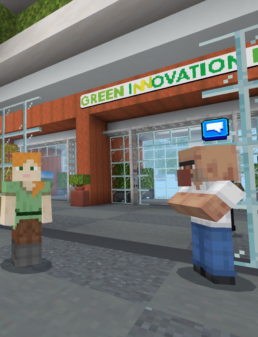 Screenshot van de virtuele Minecraft wereld binnenin de ruimte van Green Innovation Hub