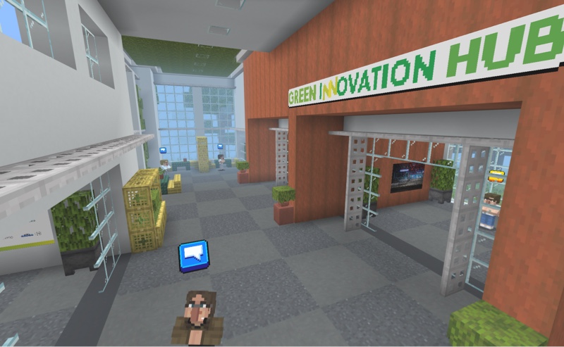 Screenshot uit de virtuele Green Innovation Hub in Minecraft